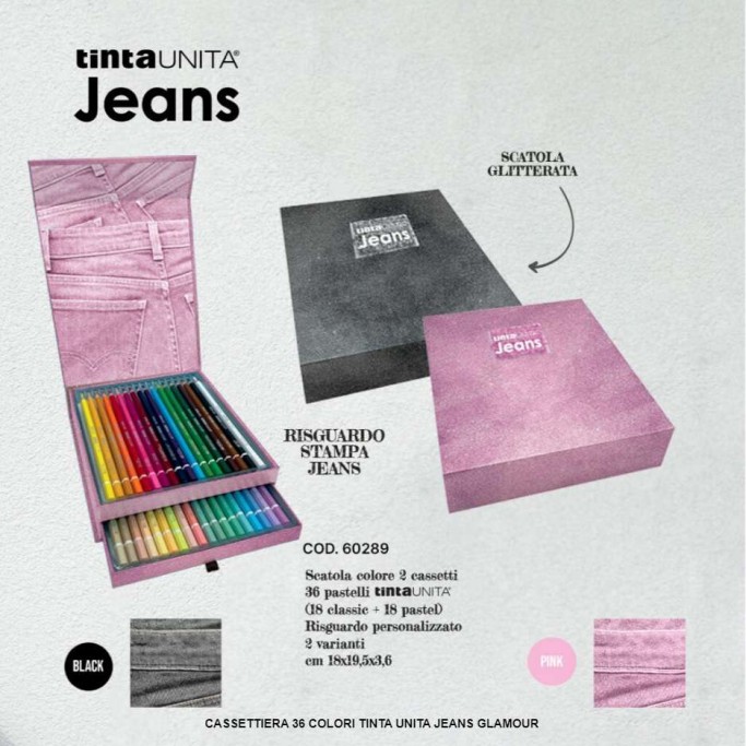 Cassettiera a 2 cassetti con 36 colori Pastelli matita Jeans glitter