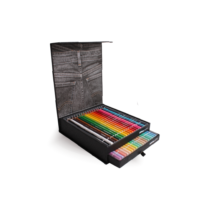Cassettiera a 2 cassetti con 36 colori Pastelli matita Jeans glitter